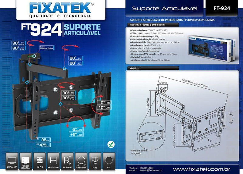 Suporte Articulado para TV LED / OLED / QLED até 47" com Peso até 40kg FT-924 - Fixatek - Fixatek