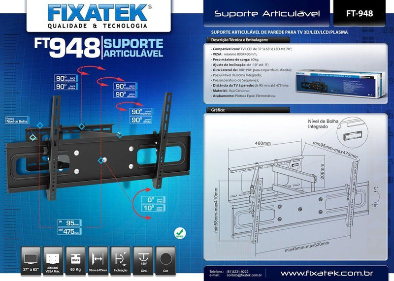 Suporte Articulado para TV LCD/LED 37" até 70" FT-948 - Fixatek - Fixatek