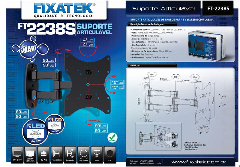 Suporte Articulado para TV LED até 47" e LCD / Plasma 17" á 37" FT-2238S - Fixatek - Fixatek