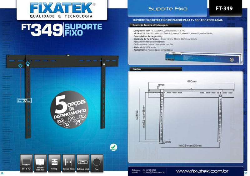 Suporte Fixo para TV LCD/LED 37" até 70" FT-349 - Fixatek - Fixatek
