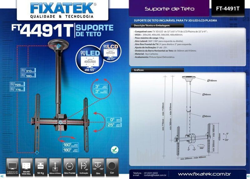 Suporte de Teto para TV LED / OLED / QLED até 55" com Peso até 50kg - FT-4491T - Fixatek - Fixatek