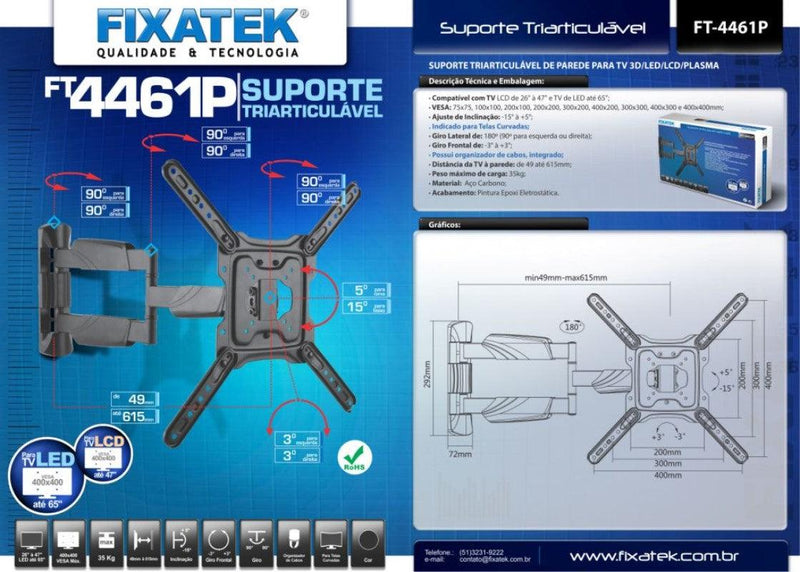 Suporte Articulado para TV LED 23" até 65" com Peso até 35 kg FT-4461P - Fixatek - Fixatek