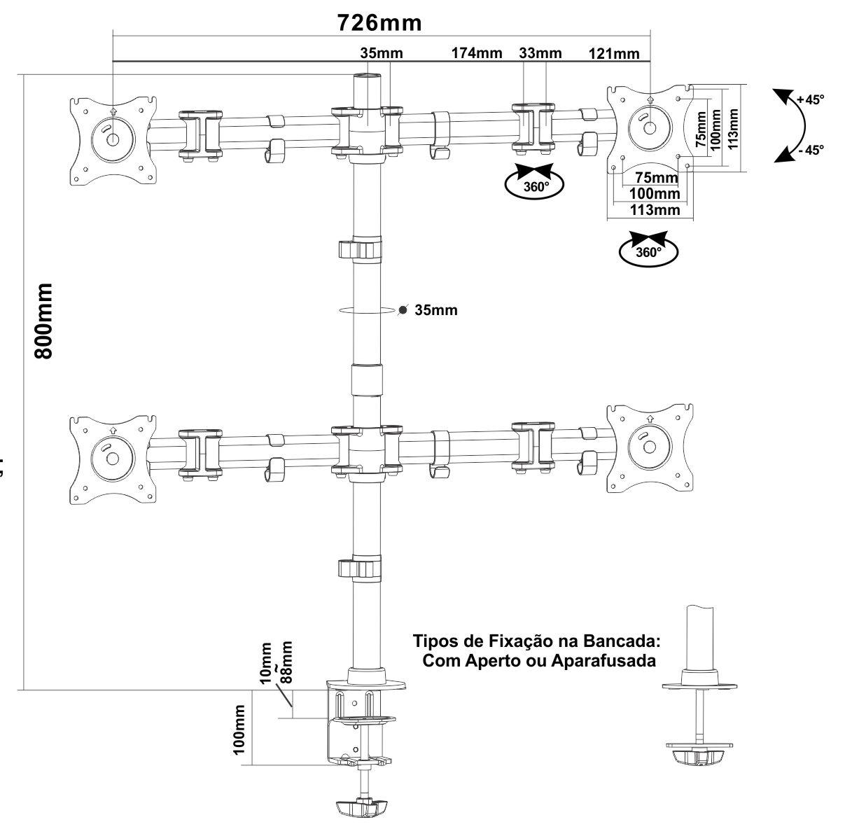 Suporte Ergonômico Articulado de Mesa para 4 Monitores de 13" até 27" FT-726M4 - Fixatek - Fixatek