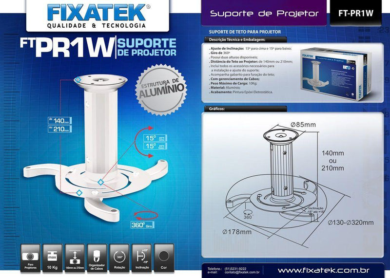 Suporte para Projetor Multimídia Branco FT-PR1W - Fixatek - Fixatek