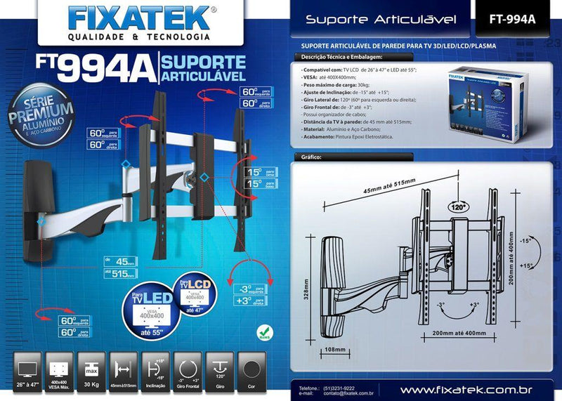 Suporte Articulado para TV LED / OLED / QLED até 55" com Peso até 30kg FT-994A - Fixatek - Fixatek
