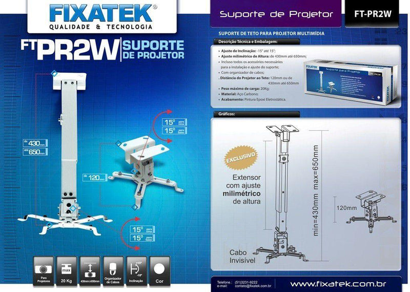 Suporte para Projetor Multimidia Branco FT-PR2W - Fixatek - Fixatek